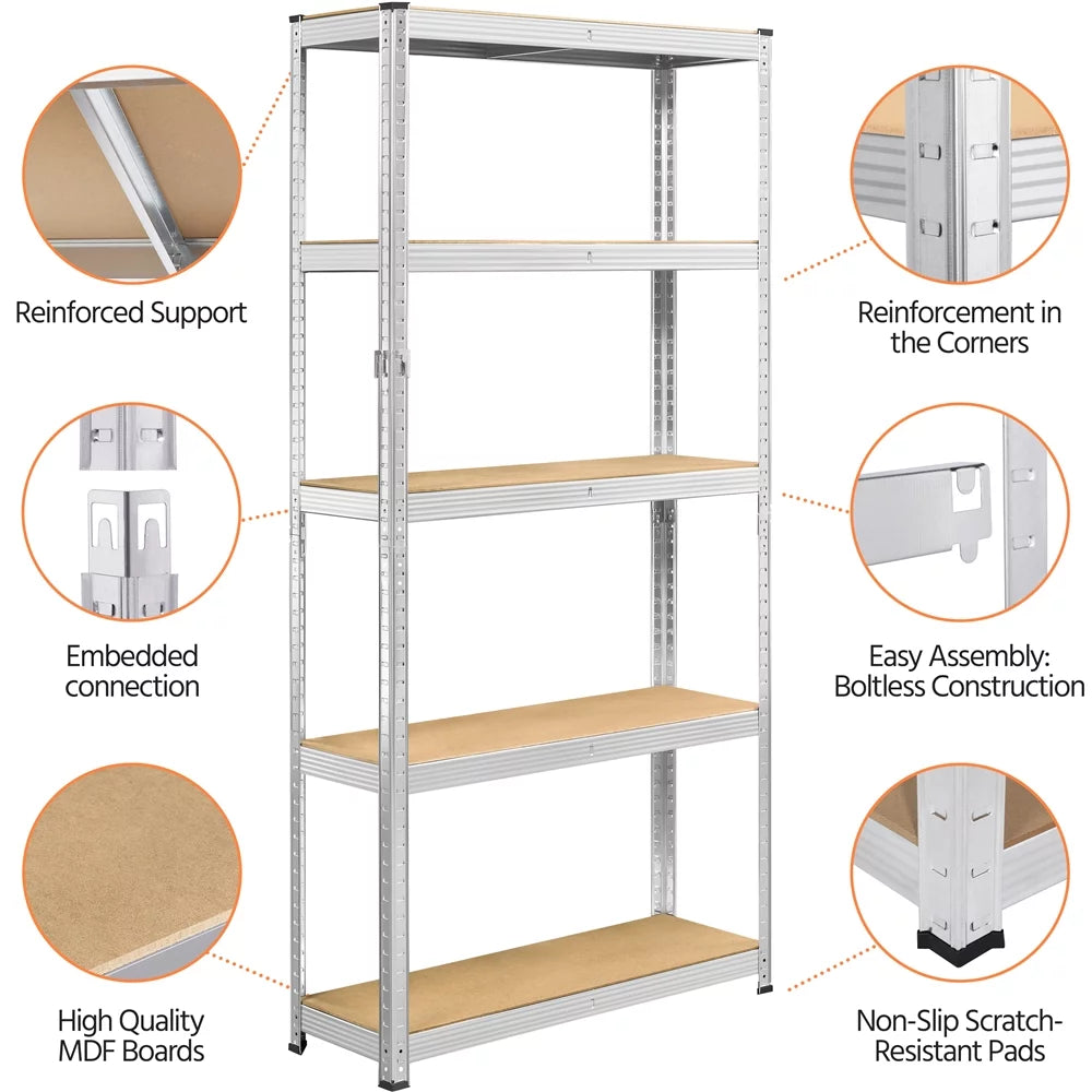 2 Pieces 5 Tiers Adjustable Storage Shelf Units for Garage, Silver